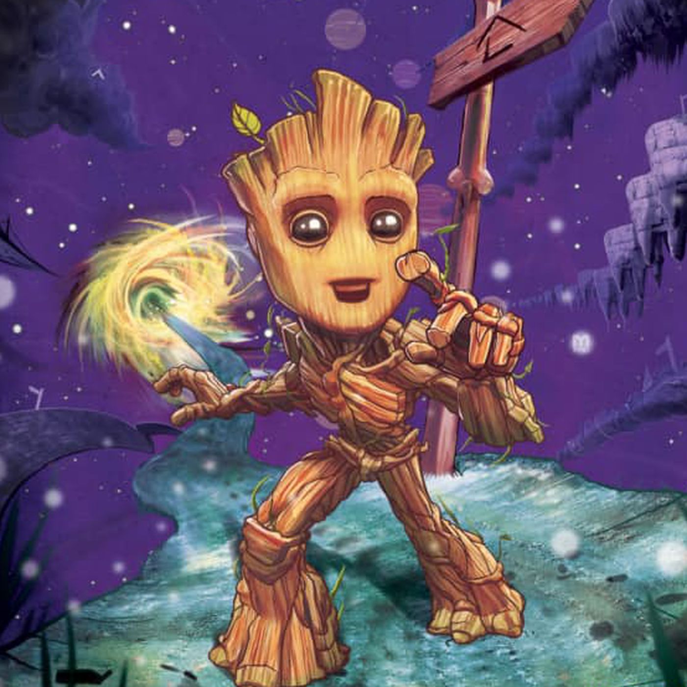 Baby Groot pointing at something